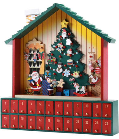 Calendario Avvento Casetta Di Babbo Natale Legno Cassetti Decorazioni Natalizie