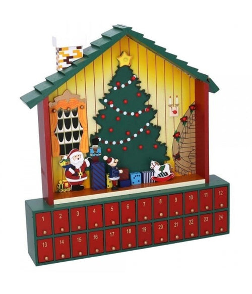 Calendario Avvento Casetta Di Babbo Natale Legno Cassetti Decorazioni Natalizie