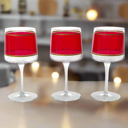 Set da 6 calici in vetro rossi con righe oro da 320 ml decorazione moderna