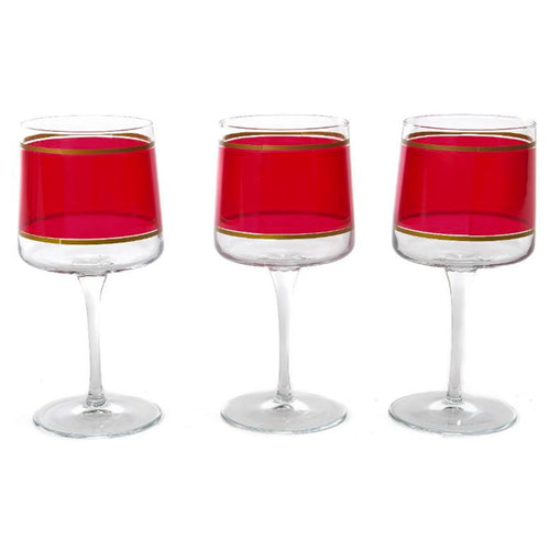 Set da 6 calici in vetro rossi con righe oro da 320 ml decorazione moderna