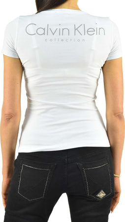 calvin-klein-Calvin-Klein-Collection-T-shirt-Bianca-Donna-Cotone-Stampa-Scollo-a-V-da-donna
