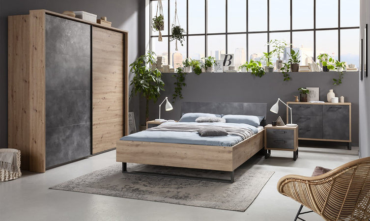 Comodino con 2 cassetti rovere e cemento modello industrial arredamento moderno