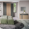 Camera da letto Faba con armadio 4 ante noce e grigio e letto contenitore in legno noce