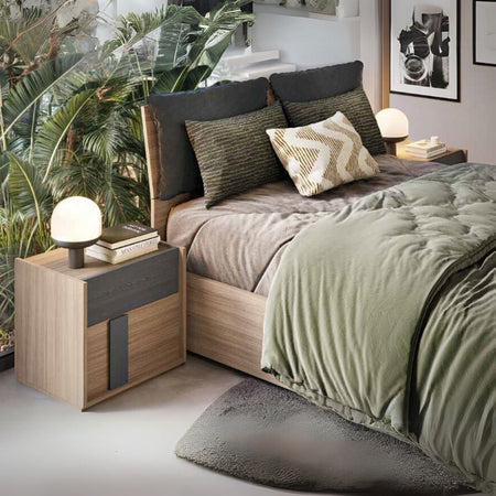 Camera da letto Faba con armadio 4 ante noce e grigio e letto contenitore in legno noce