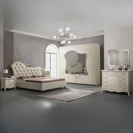 Camera da letto Marsida colore beige con armadio 2 ante scorrevoli con serigrafia