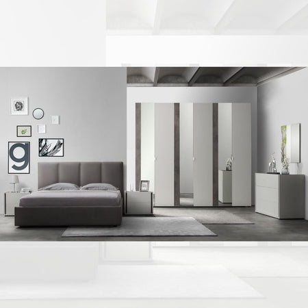 Camera da letto Mirelle colore grigio perla e ossido grigio scuro con armadio 6 ante a specchi e letto contenitore
