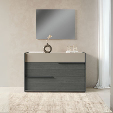 Camera da letto Tania in grigio e talco con armadio 2 ante scorrevoli con specchi e letto contenitore Napoli grigio