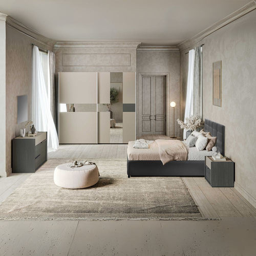 Camera da letto Tania in grigio e talco con armadio 2 ante scorrevoli con specchi e letto contenitore Napoli grigio