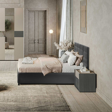 Camera da letto Tania in grigio e talco con armadio 2 ante scorrevoli con specchi e letto contenitore Napoli grigio
