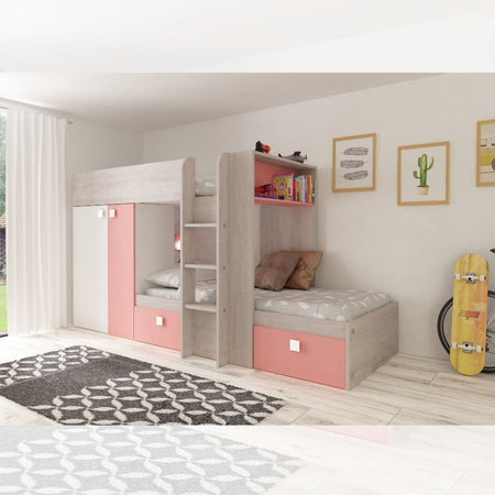 Cameretta 1267 con letto a castello con due cassettoni e armadio reversibile colore bianco consumato e rosa flamingo