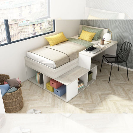 Cameretta 6040 con letto singolo e scrivania reversibile colore bianco consumato e bianco
