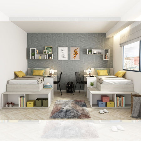 Cameretta 6040 con letto singolo e scrivania reversibile colore bianco consumato e bianco