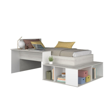 Cameretta 6040 con letto singolo e scrivania reversibile colore bianco consumato e bianco