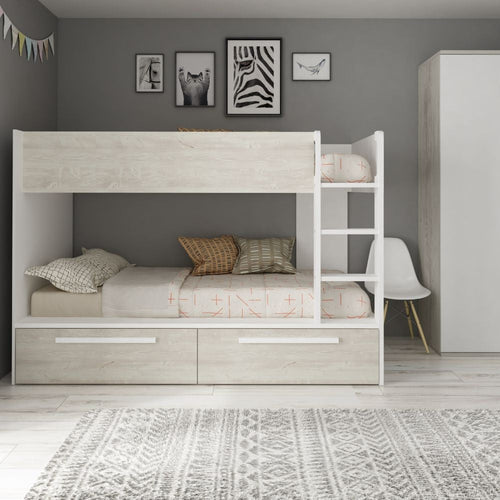 Cameretta con letto a castello con cassettoni colore bianco consumato e bianco reversibile