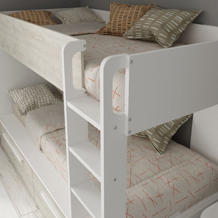 Cameretta con letto a castello con cassettoni colore bianco consumato e bianco reversibile