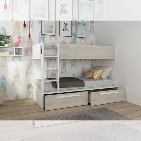 Cameretta con letto a castello con cassettoni colore bianco consumato e bianco reversibile