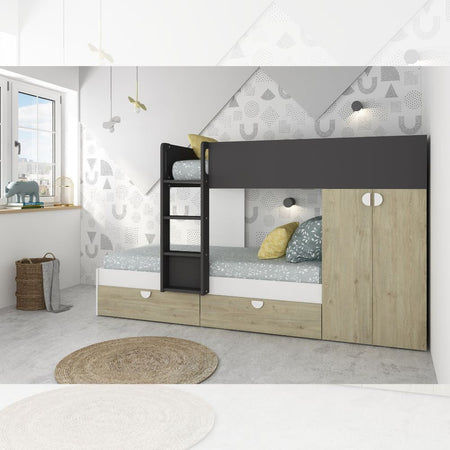 Cameretta con letto a castello con cassettoni e armadio reversibile colore rovere e antracite