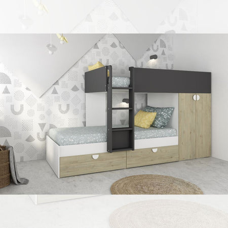 Cameretta con letto a castello con cassettoni e armadio reversibile colore rovere e antracite