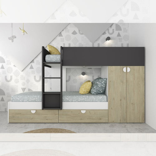 Cameretta con letto a castello con cassettoni e armadio reversibile colore rovere e antracite