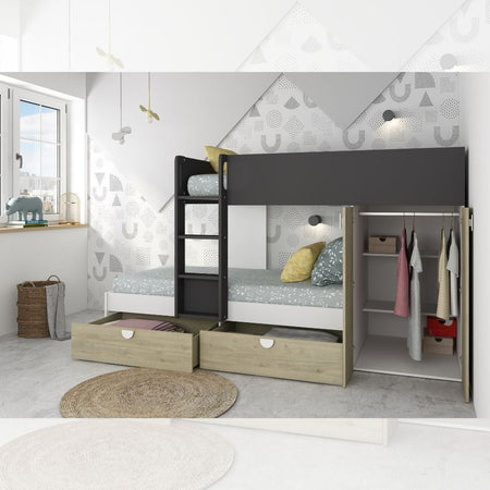 Cameretta con letto a castello con cassettoni e armadio reversibile colore rovere e antracite
