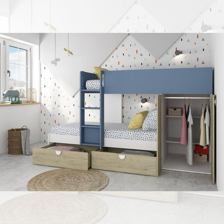 Cameretta con letto a castello con cassettoni e armadio reversibile colore rovere e azzurro