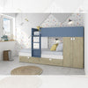 Cameretta con letto a castello con cassettoni e armadio reversibile colore rovere e azzurro