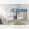 Cameretta con letto a castello con cassettoni e armadio reversibile colore rovere e azzurro