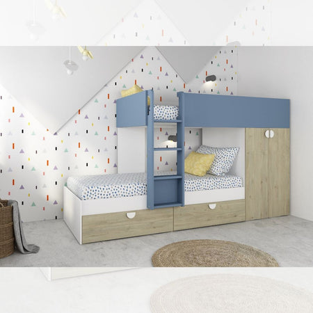 Cameretta con letto a castello con cassettoni e armadio reversibile colore rovere e azzurro