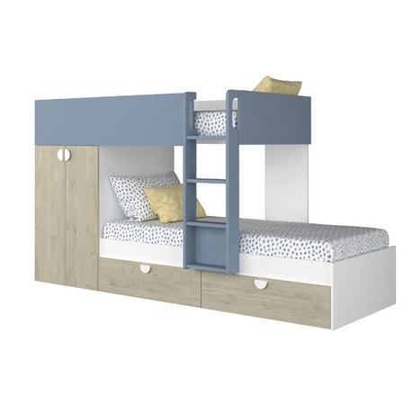 Cameretta con letto a castello con cassettoni e armadio reversibile colore rovere e azzurro