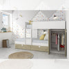 Cameretta con letto a castello con cassettoni e armadio reversibile colore rovere e bianco