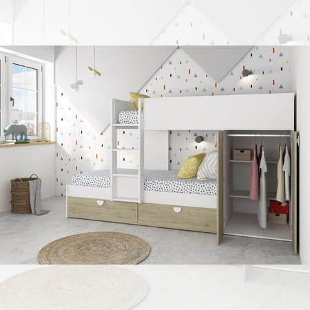 Cameretta con letto a castello con cassettoni e armadio reversibile colore rovere e bianco