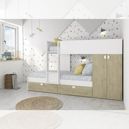 Cameretta con letto a castello con cassettoni e armadio reversibile colore rovere e bianco