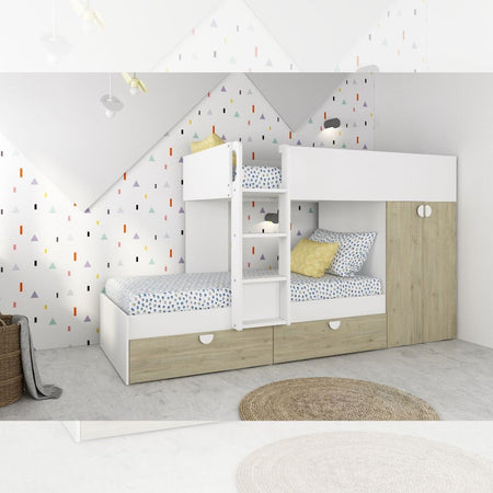 Cameretta con letto a castello con cassettoni e armadio reversibile colore rovere e bianco