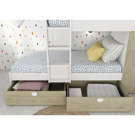 Cameretta con letto a castello con cassettoni e armadio reversibile colore rovere e bianco