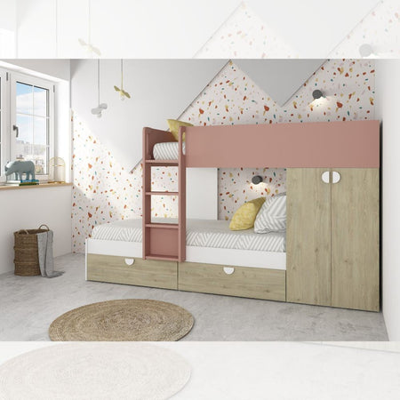 Cameretta con letto a castello con cassettoni e armadio reversibile colore rovere e rosa antico