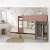 Cameretta con letto a castello con cassettoni e armadio reversibile colore rovere e rosa antico