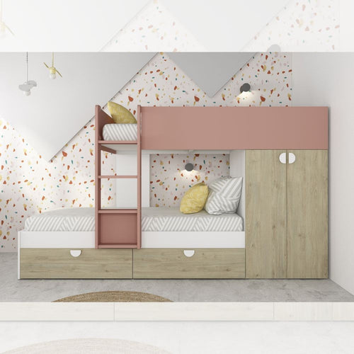 Cameretta con letto a castello con cassettoni e armadio reversibile colore rovere e rosa antico