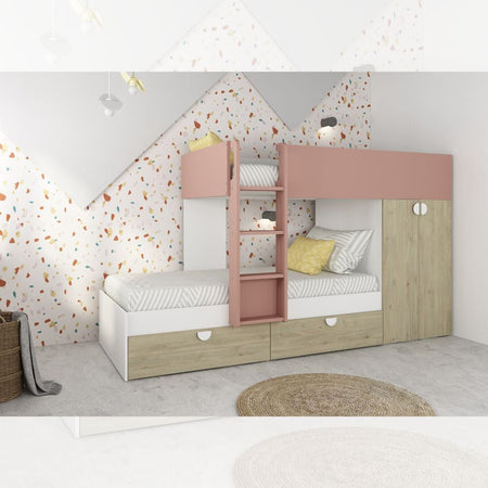 Cameretta con letto a castello con cassettoni e armadio reversibile colore rovere e rosa antico