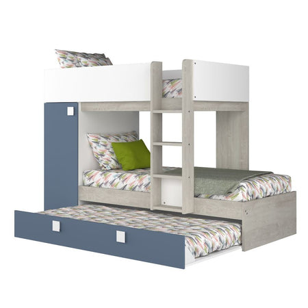 Cameretta con letto a castello e letto estraibile con armadio integrato colore bianco consumato e azzurro reversibile
