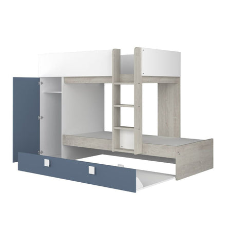 Cameretta con letto a castello e letto estraibile con armadio integrato colore bianco consumato e azzurro reversibile