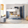 Cameretta con letto a castello e letto estraibile con armadio integrato colore bianco consumato e azzurro reversibile