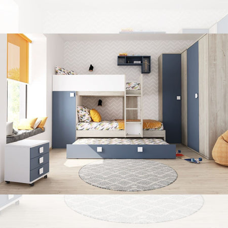Cameretta con letto a castello e letto estraibile con armadio integrato colore bianco consumato e azzurro reversibile