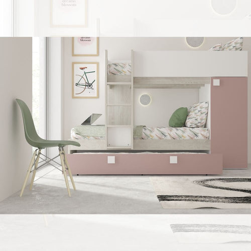 Cameretta con letto a castello e letto estraibile con armadio integrato colore bianco consumato e rosa antico reversibile