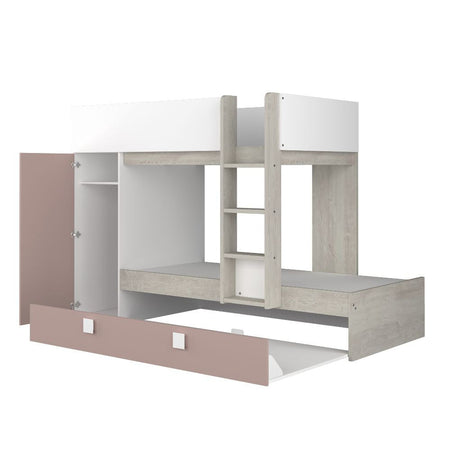 Cameretta con letto a castello e letto estraibile con armadio integrato colore bianco consumato e rosa antico reversibile