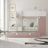 Cameretta con letto a castello e letto estraibile con armadio integrato colore bianco consumato e rosa antico reversibile