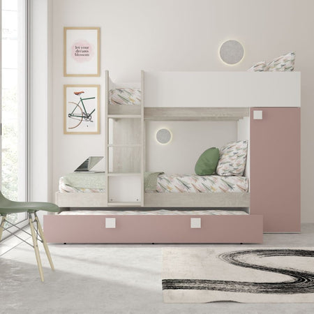 Cameretta con letto a castello e letto estraibile con armadio integrato colore bianco consumato e rosa antico reversibile