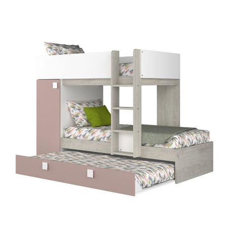 Cameretta con letto a castello e letto estraibile con armadio integrato colore bianco consumato e rosa antico reversibile