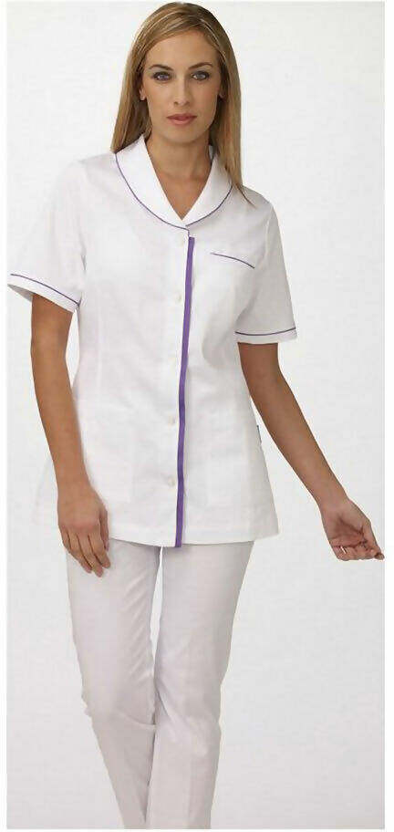 Camice Casacca Edith Donna Lavoro Dentista Infermiera Siggi Manica Corta Chiusura Bottoni Due Tasche 100% Cotone Workwear Bianca 04cs1051
