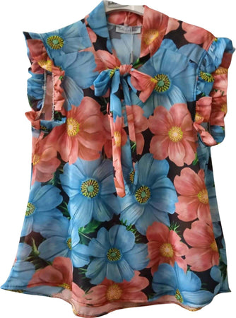 Camicia Donna Smanicata Fantasia fiori Camicetta Made in Italy Senza Maniche Volant Top Made in Italy Estivo ART. 217701 maglia donna L'Orchidea - Siderno, Commerciovirtuoso.it