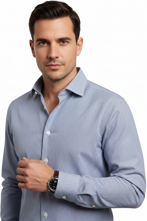 Camicia uomo Barba - Fantasia millerighe - Collo francese - Colore bianco/denim